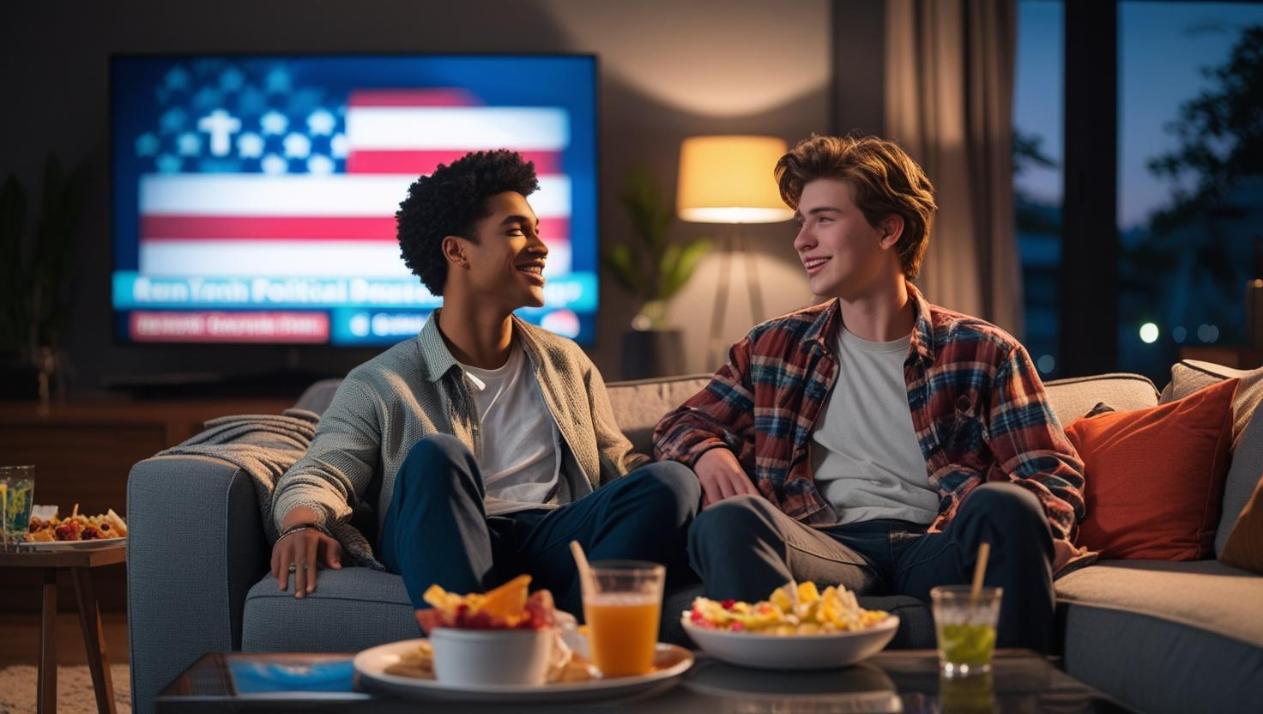 Friends watch election results on TV while tracking crypto prices on laptops.