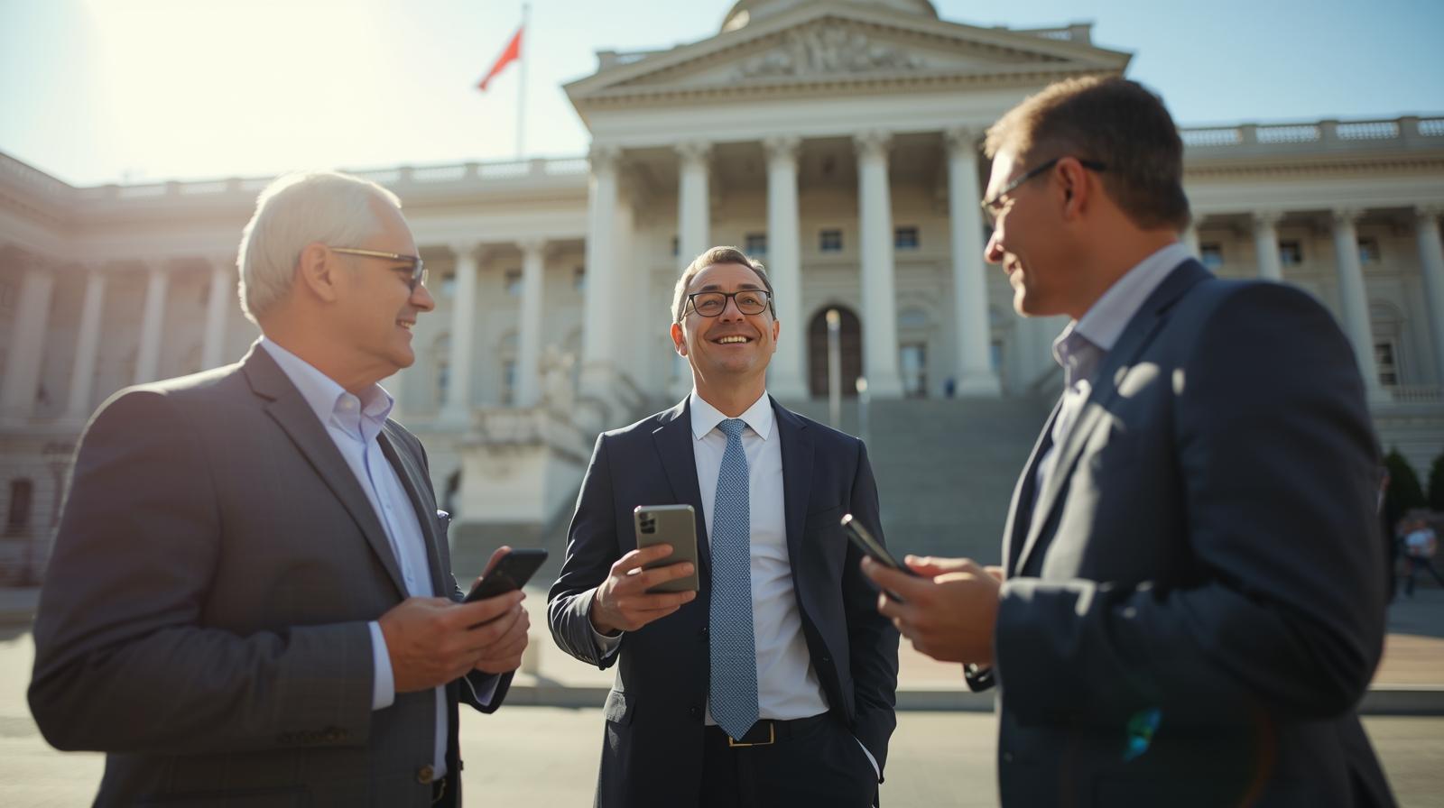 Policymakers discuss digital gambling alternatives and economic regulation outside a government building.