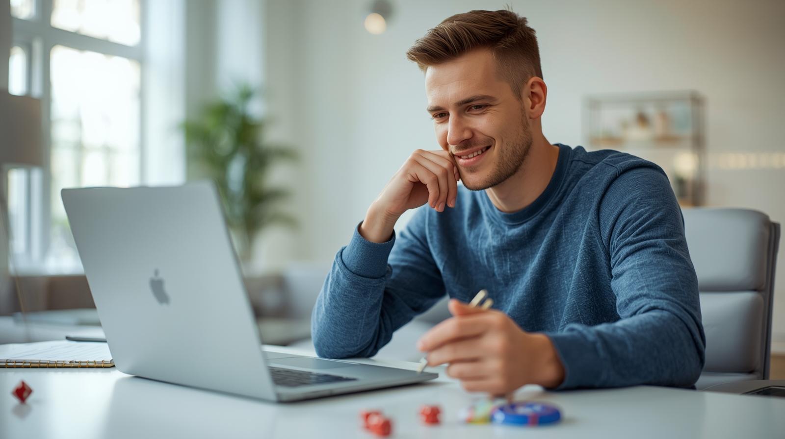 Man thoughtfully engaging with digital platform surrounded by subtle politics and gambling cues.