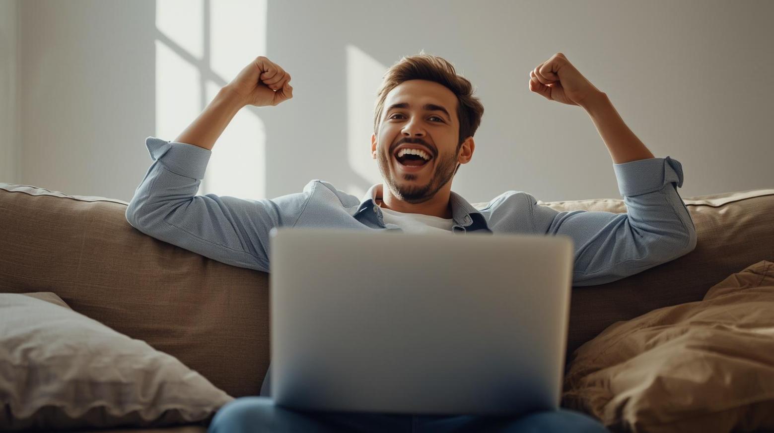 Man celebrating win while using smartphone and laptop for online betting activity.
