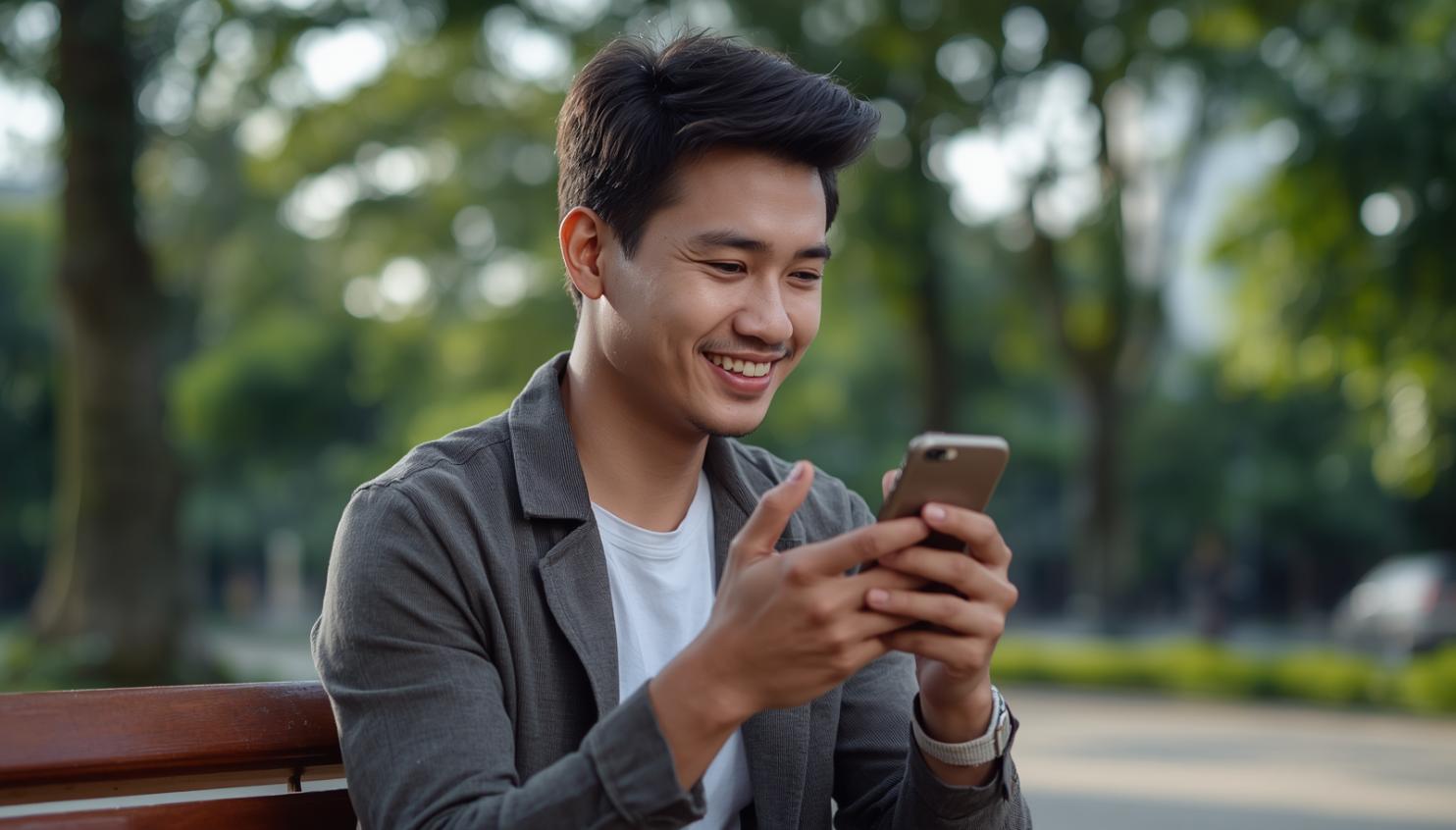 Man smiles at phone in sunny park, embracing modern digital convenience optimistically.