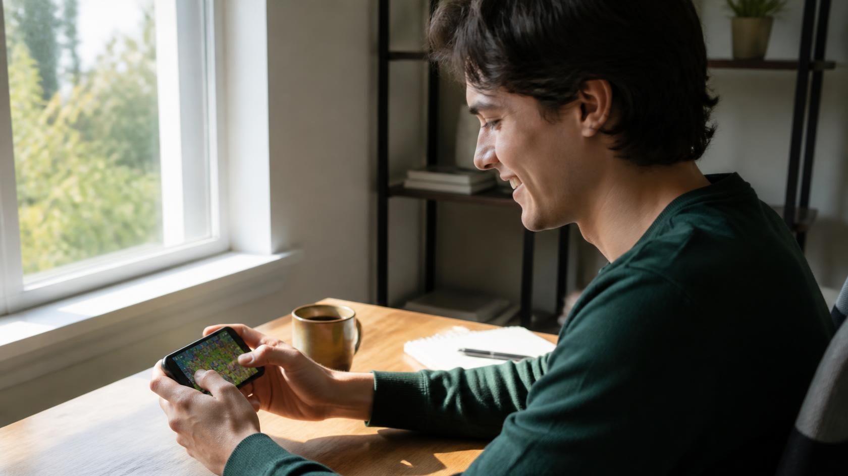 Smiling person checks phone by sunny window, calm optimistic morning mood.